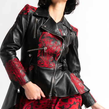 ALEXANDER MQUEEN Embroidered Peplum Leather Jacket (Sz.