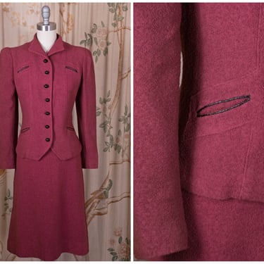 1940s Suit - Fabulous Vintage Late 30s/Early 40s Cusp Suit in Dusky Rose Wool Boucle with Peaked Sleeves by Betty Rose 