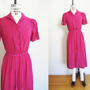 Vintage 80s Magenta Pink Sundress XS S - 1980s Solid Pink Twee Button Chest Midi Dress 