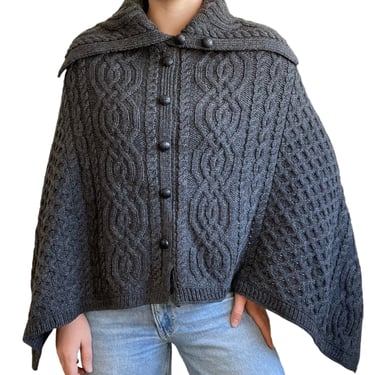 Aran Sweater Market Womens Charcoal Grey 100% Wool Irish Fisherman Cape Poncho 