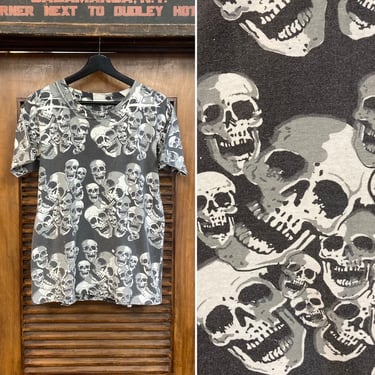Vintage 1980’s Skull All Over Print AOP Rock N’ Roll Tee Shirt, 80’s T-Shirt, Vintage Clothing 