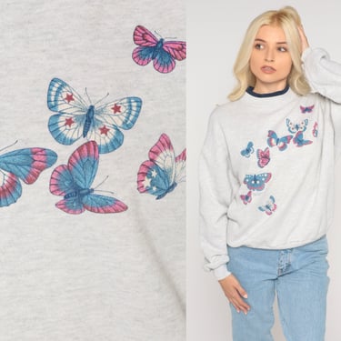 Butterfly Sweatshirt 90s Sweatshirt Heather Grey Graphic Sweatshirt Double Collar Vintage Shirt Retro Slouchy Medium 