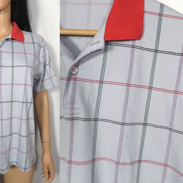 Vintage 80s Grid Print Polo Tshirt Size M 