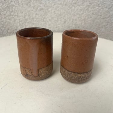 Vintage set 2 cups or sake cup pottery stoneware signed Teen holds 3-4 oz 