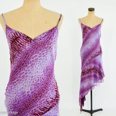 Bebe | 1990s Purple Print Slip Dress | 90s Asymmetrical Slip Dress | Bebe | Medium 
