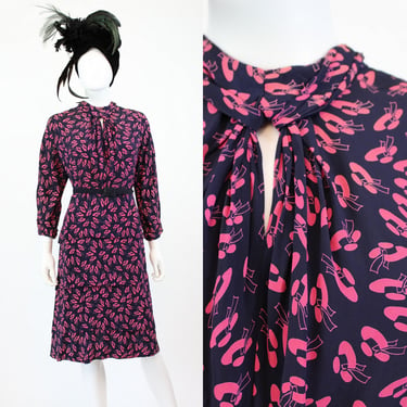 1940s sun hat print novelty dress small | vintage rayon dress | new in 