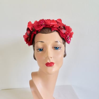 Vintage 1950's Red Silk Floral Fascinator Mini Hat Flower Head Piece Rockabilly Swing 50's Millinery 