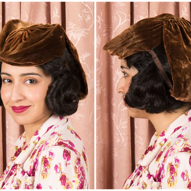 1930s Hat - Plush Vintage 30s Milk Chocolate Silk Velvet Tilt Hat with Attached Snood 