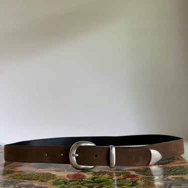 Vintage 90s Brown Vegan Suede Leather Silver Tipped Buckle Belt Large 