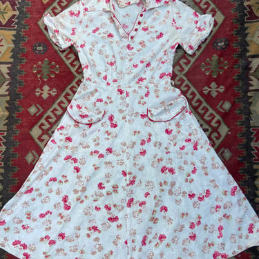 Vintage 1940s Brentwood Cotton Floral Collared House Dress Medium Large by TimeBa