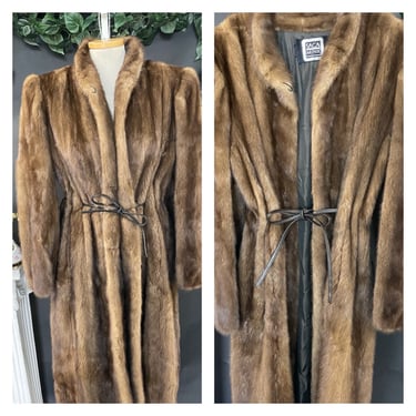 Vintage 1970s Mink Brown Fur Coat Tie Waist Drawstring 