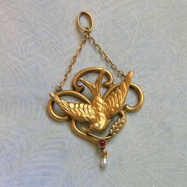 Antique 14k Gold and Ruby Swallow Bird Pendant, Victorian Bird Pendant with Pearl and Ruby, Antique 14K Gold Bird Pendant (#4113) 