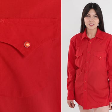 Ely Western Shirt Red Pearl Snap Shirt 80s Long Sleeve Rodeo Shirt Vintage 1980s Button Up Retro Plain Cowboy Shirt Men's 15 1/2 33 Medium 