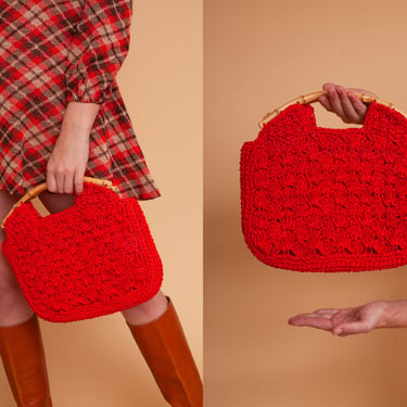 Vintage 70s Bamboo Handle Woven Purse / Retro Red Handbag 