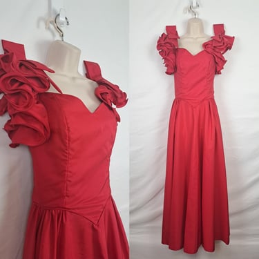 Vintage 80s Red Frilly Prom Dress, Size Small / Medium 