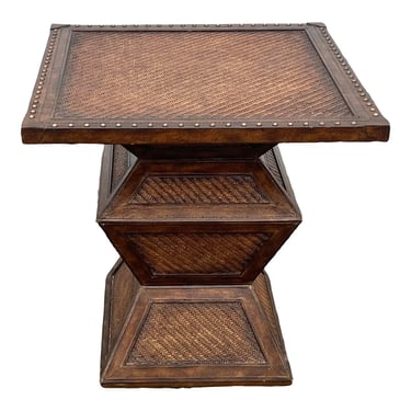 Bernhardt Stacked Trapezoidal Leather an Cane Side Table 