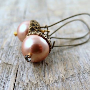 Pearl Acorn Earrings, Bridal Pearl Earrings, Rose Gold, Choose Your Color, Gift for Her 