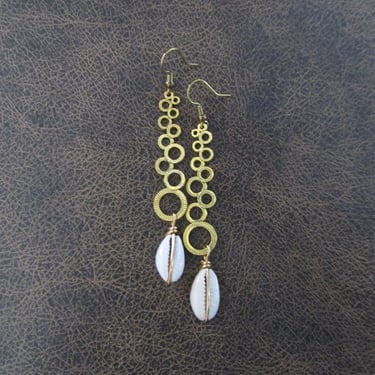 Long mid century modern gold cowrie shell earrings 