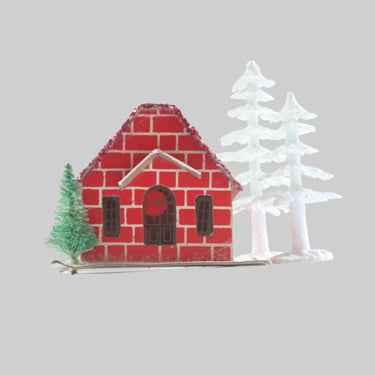 Mini Red Brick Putz House, Mantelscape Cardboard Village, Holiday Decor 