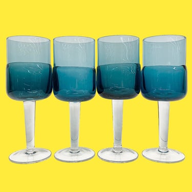 Vintage Wine Glasses Retro 2000s Contemporary + Pier 1 + Handblown + Glass + Double Dip Blue + Set of 4 + Bar + Drinking + Goblets + Kitchen 