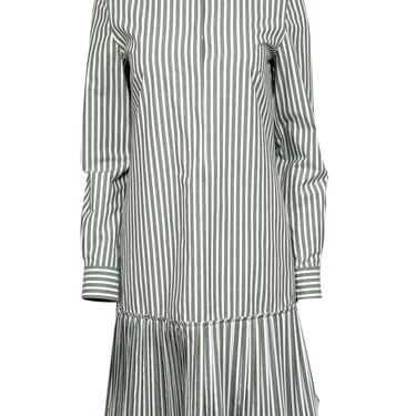 Akris Punto - Olive Green &amp; White Striped Shirtdress w/ Pleated Hem Sz 6