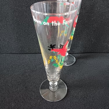 Pilsner Glasses with Down on the Farm Theme Set of 2 Vintage Midcentury Barware from the 1960s 