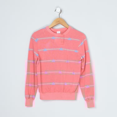 Vintage 70s Patterned Long Sleeve T-Shirt Top - pink, neon, geometrical, button collar - Women's S 