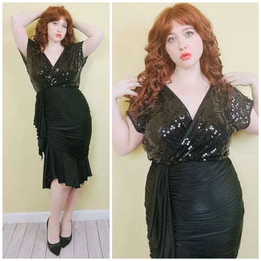 1980s Vintage J. Harris Sequin Wrap Wiggle Dress / 80s Black Ruched Vampy Ruffled Party Gown / Large 