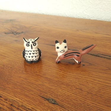 Vintage Navajo Miniature Pottery Figurines Owl and Fox Signed 