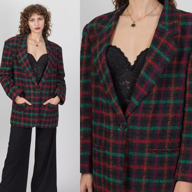 80s Plaid Tweed Longline Blazer - Large | Vintage Oversize Button Up Notched Collar Jacket 