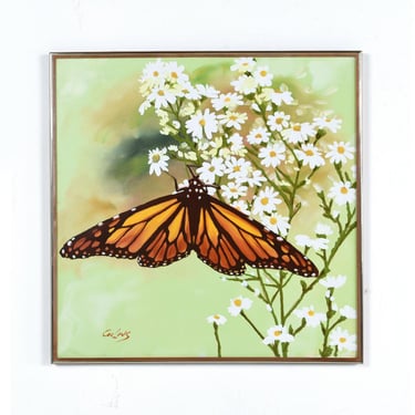 1970s Collins Green and White Flower With Monarch Butterfly Square Painting 