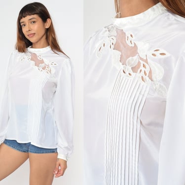 White Cutout Blouse 80s Cutwork Long Puff Sleeve Open Weave Cut Out Top Leaf Romantic Pleated Mock Neck Bohemian Vintage 1980s Medium Large 