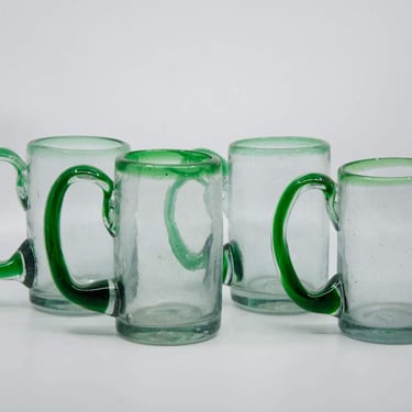 1970's Mexican Sea Glass Hand-Blown Emerald Green and Clear Beer Mugs Set of 4 