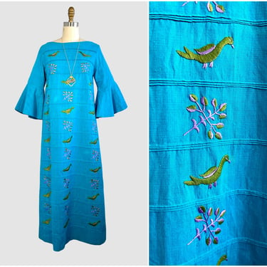 BUT SERIOUSLY FOLKS Vintage 70s Girasol Mexican Embroidered Folk Dress | 1970s Turquoise Maxi Kaftan | Boho Hippie Bird Floral, Small Medium 