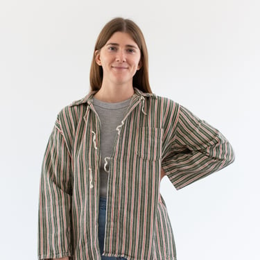 Vintage Green Red Yellow Flannel Striped Tie Front Shirt Jacket | Unisex Stripe Cotton Pajama Chore | M | SJ052 