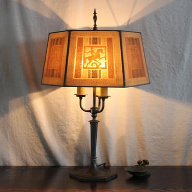 Antique Arts and Crafts Brass 3 light Lamp with Mesh Shade Mutual Sunset Lamp Co 