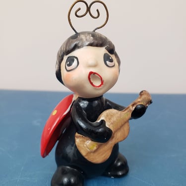 Vintage 1960's Josef Original Figurine / 70s Ladybug Guitar Kitch Knick Knack Ceramic 