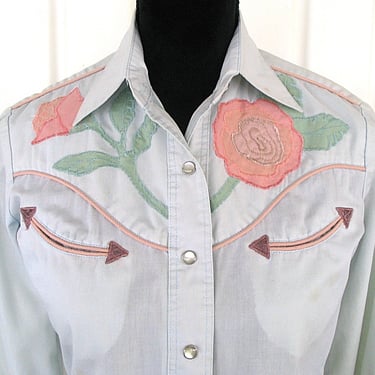 Salaminder Vintage Western Cowgirl Shirt, Very Pale Blue, Embroidered & Appliqued Pink Flowers, Tag Size 7/8, XSmall (see meas. photo) 