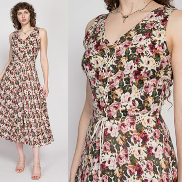 Medium 90s Rose Floral Corset Lace Up Midi Dress | Vintage Sleeveless Boho Cinched Waist Grunge Sundress 