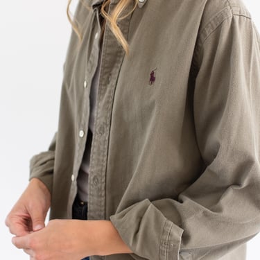 Vintage Mushroom Brown Long Sleeve Shirt | Unisex Polo Brushed Cotton Oxford Blouse Studio Workwear | M | 