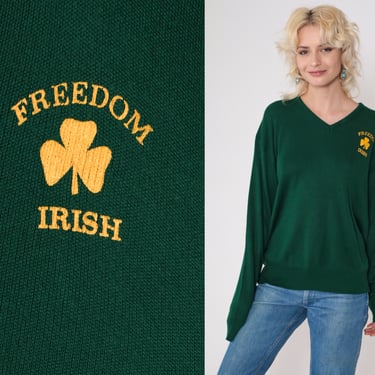 Vintage Freedom Irish Sweater 1980s Green Freedom Wisconsin High School Shamrock Pullover Slouchy V Neck Sweater Knit 80s Jumper Men's Large 