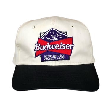 Vintage 90s Budweiser “King Of The Rockies” White Embroidered Beer Promo SnapBack Hat Cap 