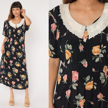 Vintage Black Floral Dress 90s Maxi Grunge Granny Lace Collar Boho Bohemian 1990s Ankle Length Short Sleeve Garden Party Large 14 W 