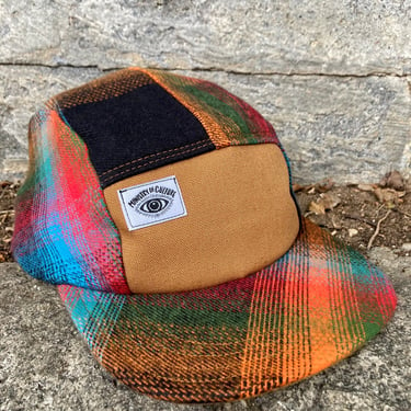 Handmade 5 Panel Camp Hat, Baseball Cap, Moldable Brim five panel hat, Snap Back, 5panel hat in orange and red multi plaid flannel 