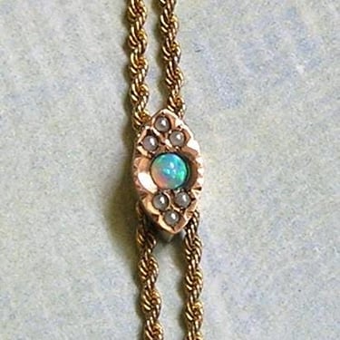 Antique Victorian 10K Slide With Opal and Seed Pearls and GF Chain, Gold Filled Victorian Watch Chain With 10K Slide (#4624) 