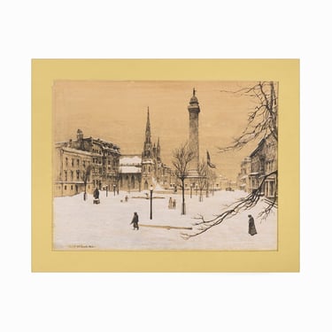 1925 Gabrielle D. Clements Etching on Paper Print Winter Mount Vernon Place Antique 