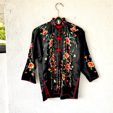 Antique Chinese Silk Embroidered Jacket Asian Black Floral Shirt with Mandarin Collar 