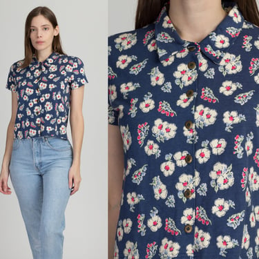 90s Blue Floral Crop Top - Small | Vintage Liz Claiborne Button Up Short Sleeve Cropped Shirt 