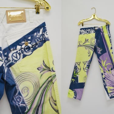 90s Vintage Versace Pants Jeans White Blue Yellow Printed Versace Pants Size 32 Italian Vintage Fashion Designer Size Small Medium 