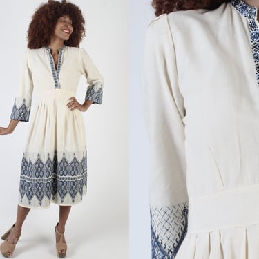Embroidered Cream Geometric Print Maxi Dress, Vintage Muslin Cotton Festival Caftan, Ethnic Batik Style Bell Sleeve Dress 